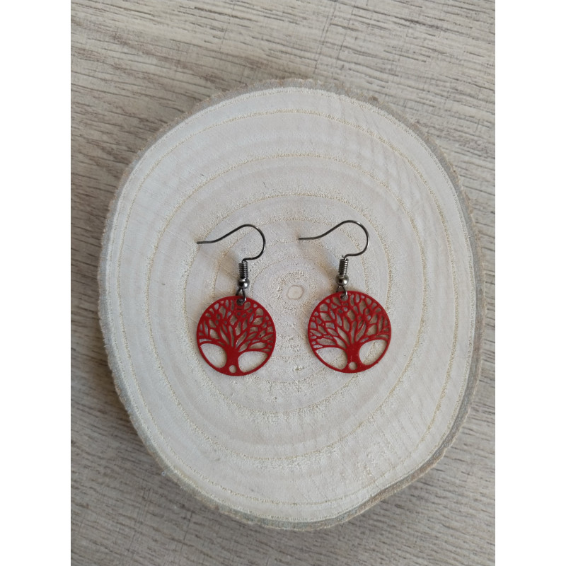 Boucle d’oreille arbre de vie rouge