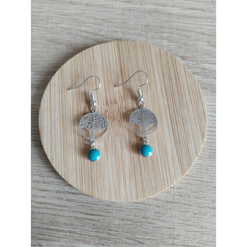 Boucle d’oreille arbre de vie argenté et vert