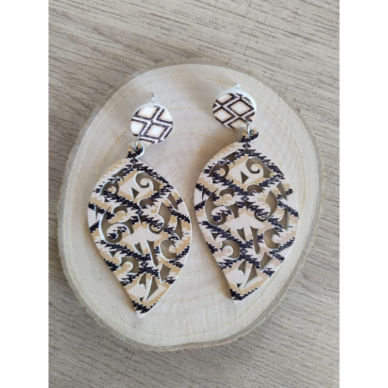 Boucle d’oreille bois beige et noir