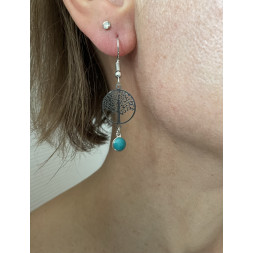 Boucle d’oreille arbre de vie argenté et sa pastille verte